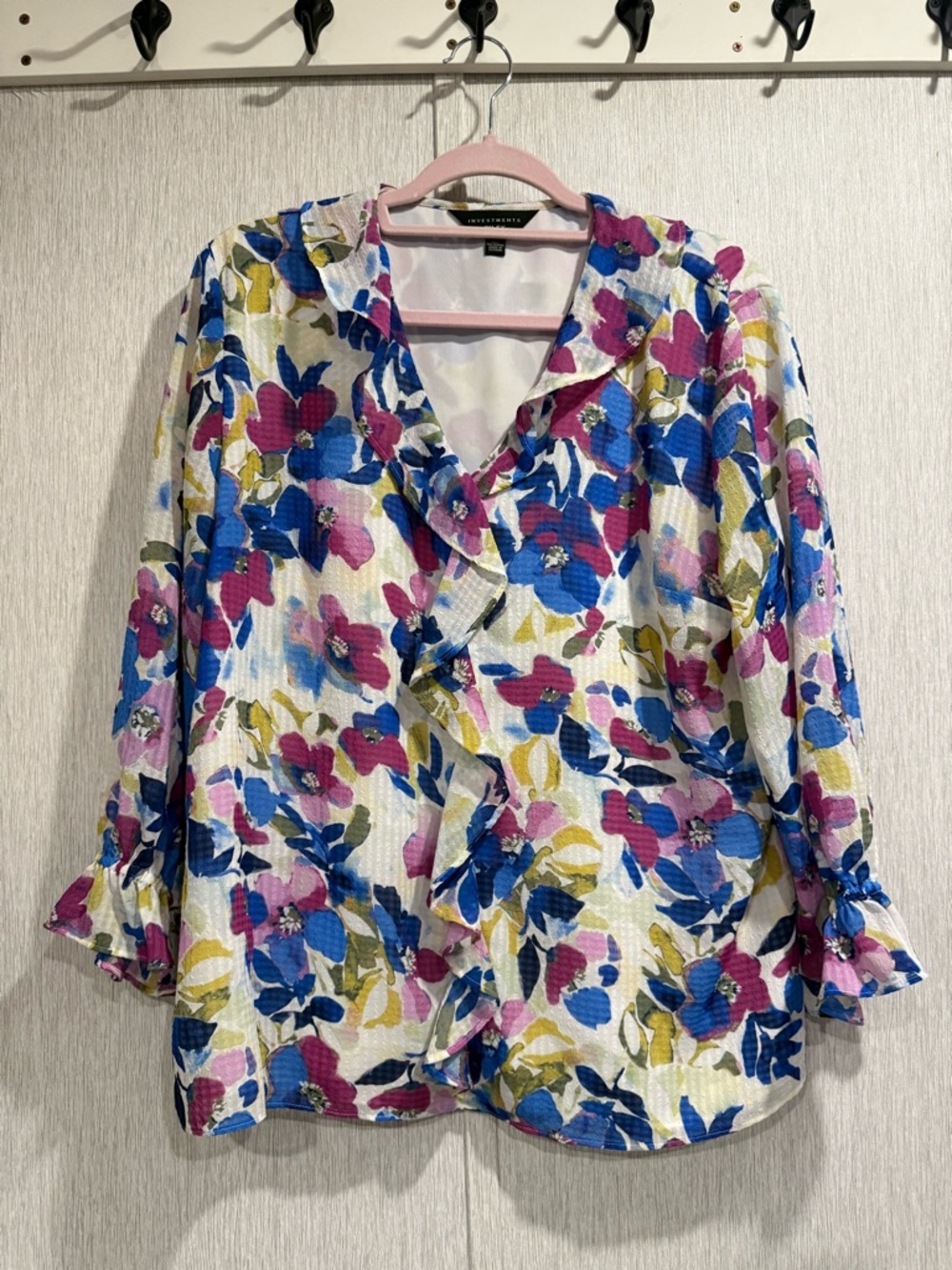 Investments Floral Ruffle-Front Blouse in Blue, Pink, Yellow on White